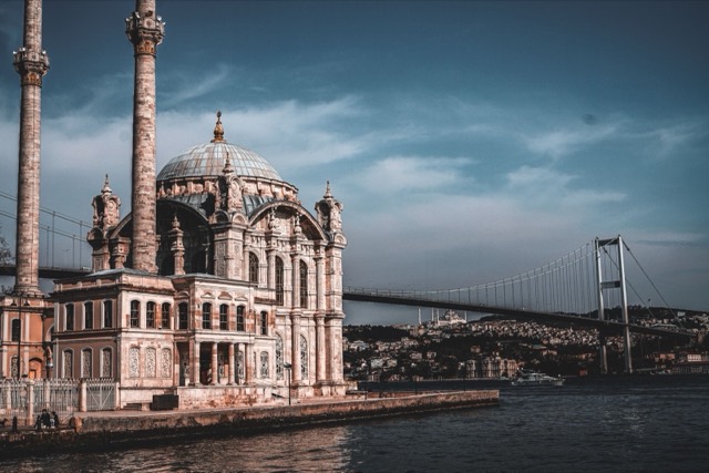 Scenic view of Ortaköy Mosque and Bosphorus Bridge in Istanbul, Turkey during sunset.